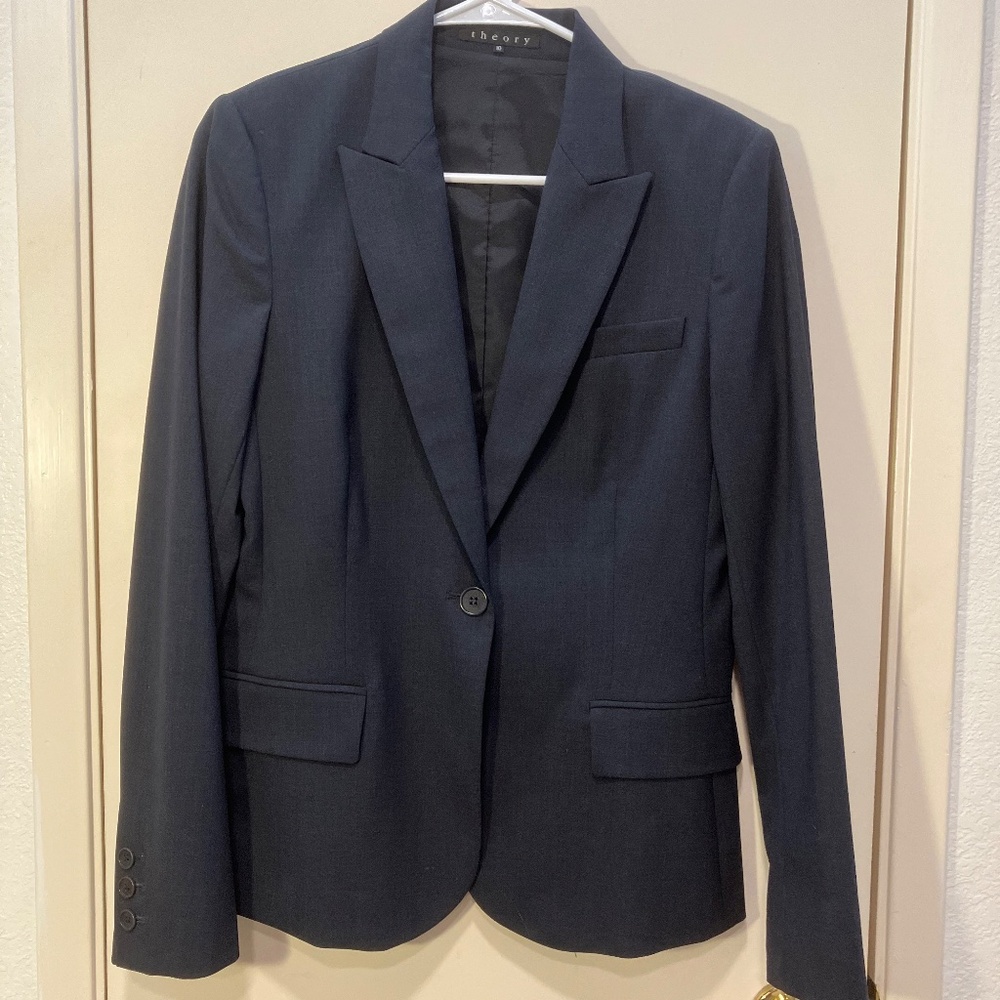 Theory Gabe Wool Blend Charcoal Gray One Button Lined Blazer Size 10
